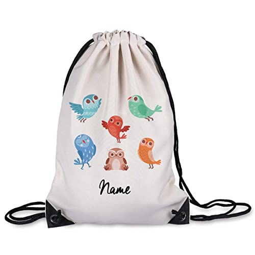 GRAVURZEILE Sac de gym imprimé - Motif oiseaux et nom au choix - Sac à dos de sport avec cordon de serrage - Pour l'école et les loisirs - Sport - Pour garçons et filles - 12 l - 33 x 45 cm Cover