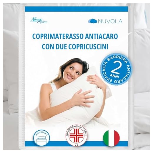 Allergosystem Set Coprimaterasso Antiacaro Matrimoniale con Cerniera 160x190cm e 2 Federe Cuscino Letto 50x80cm - Dispositivo Medico Antiacaro e Anallergico MADE IN ITALY - Linea Nuvola