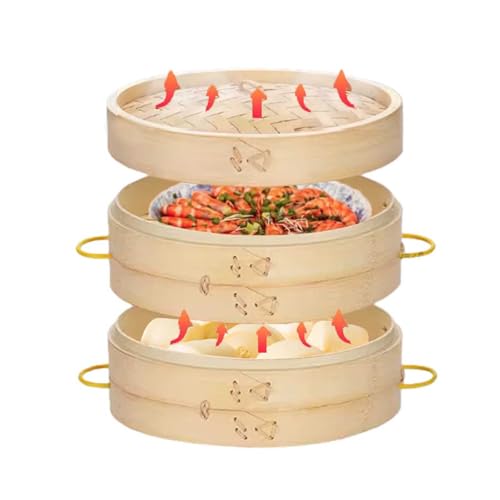 haoyunjianjiak 竹蒸し器 中華 竹セイロ蒸篭 本体・蓋 蒸し多用途 餃子 饅頭 点心 家庭用 業務用 (外径245mm,2層、蓋1枚(ハンドル付き))
