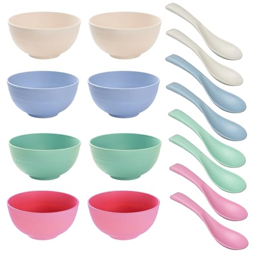Flewdart 8pcs Bol en plastique reutilisable épaissir 700ml avec 8 cuillères, grand plastique reutilisable bowl saladier dejeuner pour cuisine et...
