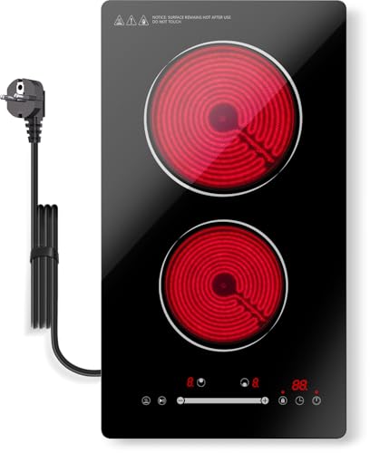 GRACEALL Piano Cottura Elettrico in Vetroceramica 2 Zone 3000W, Incasso o da Appoggio con Controllo a Sfioramento Scorrevole, Timer, Blocco Bambini e Funzione Mantenimento Caldo