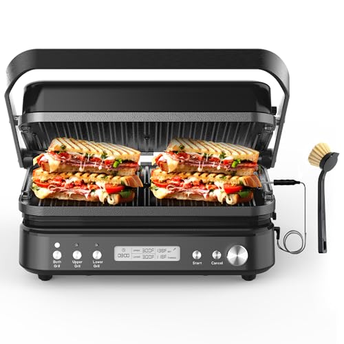 Image of CATTLEMAN Panini Grill Press Sandwich Maker with Removable Plates, 1600W, 5 in 1 Smokeless Indoor Grill & Griddle with Meat Thermometer, PFAS Free Ceramic Nonstick Reversible Plates, Opens Flat