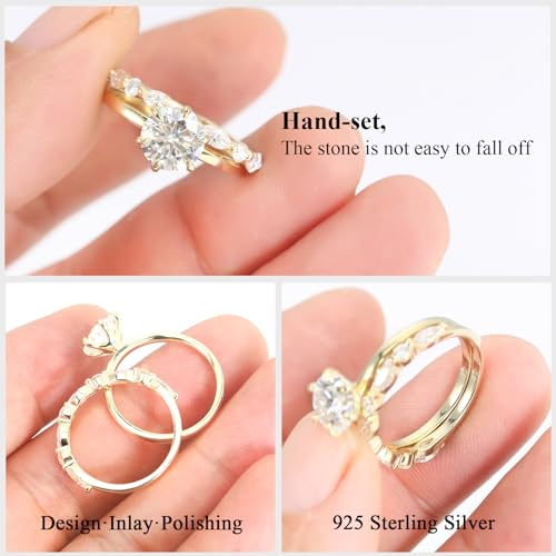 Moissanite Wedding Ring Bridal Set for Women 3.3CTTW(2CT Center) Round Cut 9K Gold Plated 925 Sterling Silver Wedding Band Engagement Rings for Her4