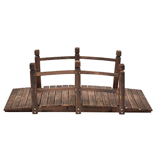 Kinsunny 5 ft Wooden Garden Bridge with Double Railings Stained Finish Footbridge Decorative Pond Bridge Outdoor Lawn Arc Walkway