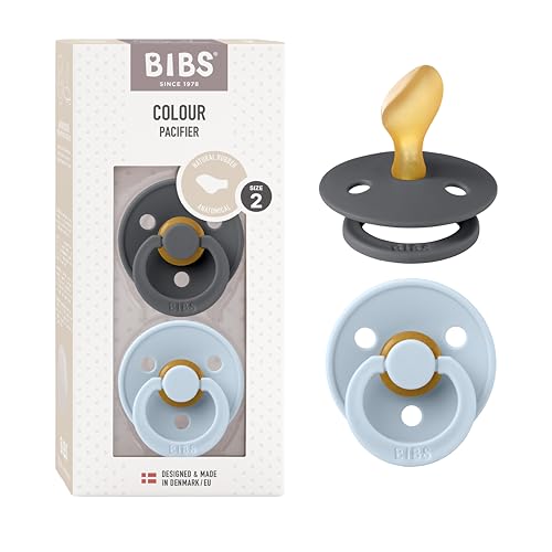 BIBS Pacifiers 6-18 Months | 2-Pack Soothers | Anatomical Nipple | BPA-Free Natural Rubber | Made in Denmark | Iron/Baby Blue Colour Pacifier