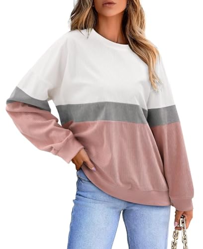 KISSMODA Womens Casual Long Sleeve Sweatshirts Color Block/Solid Tops Corduroy Crewneck Tunic Pullover with Pockets