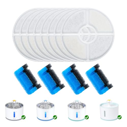 Wonder Creature Cat Water Fountain Filter Replacement 8 Round Carbon Filters and 4 Upgraded Pre-Filter Sponges for Round Stainless Steel Top Cat Fountain
