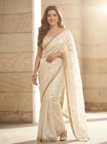 Image of ORHANS Women's Chiffon Saree with Unstitched Blouse Piece Solid Pattern and Laced Border | Lightweight Sarees for Woman | Plain Saris Daily Use | Womens Saree Modern Pattern| Stylish Saree