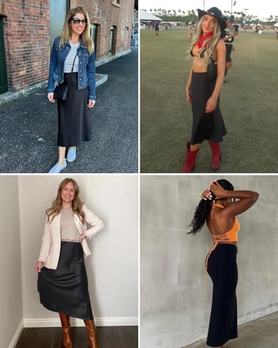 Facogoo Women's Satin Midi Skirt High Waisted A-Line Silk Elegant Dressy 2024 Spring Summer Cocktail Long Skirts Black, S