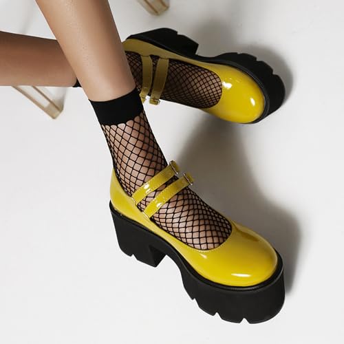 Women's Patent Leather Platform Mary Jane Shoes,Retro Round Toe Two-Strap Buckle Low Heel Chunky Pumps Lug Sole Dress Shoes 7