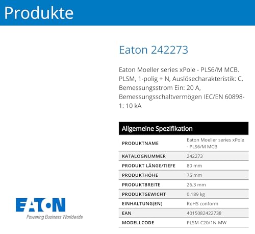 Eaton PLSM-C20/1N-MW Leitungsschutzschalter 20A 1P+N 1-polig+N C-Charakteristik LS-Schalter (242273 alt 244801)