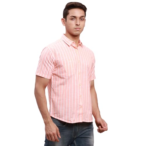 Image of Park Avenue Men's Pure Cotton Chambray Pattern Slim Fit Ainsley Collar Half Sleeve Casual Shirt