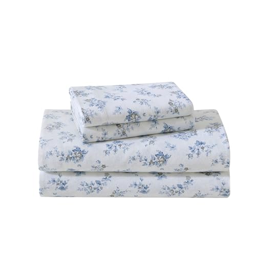 Image of Laura Ashley - Full Sheet Set, Cotton Flannel Bedding, Brushed for Extra Softness & Comfort (Audrey Blue, Full)