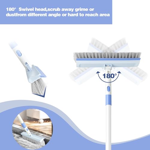 Image of Floor Scrub Brush and V-Shape Grout Brush with Long Handle 3 in 1 Replaceable Head Scrape Brush Stiff Bristle with Swivel Head for Cleaning Tiles Hardwood Floors Patios Blue