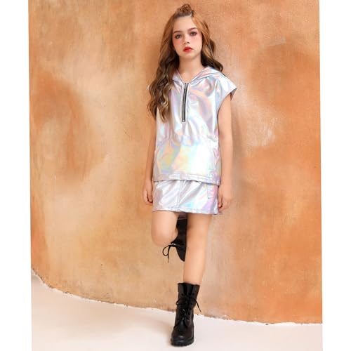 Image of Perfashion Girls Vest Metallic Half Zip Hoodie Sleeveless Leather Disco Jackets with Kangaroo Pocket 4-13Y