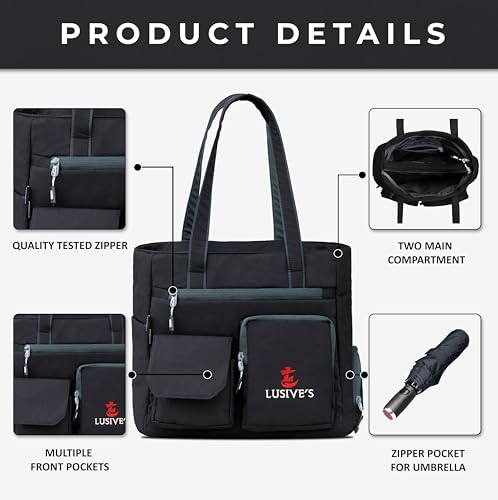 Image of Lusive's Double Pocket Handbag for Women: Stylish, Ideal Companion for Work, Travel, Polyester Material, Spacious 10-liter Capacity, 6 Pockets. (Black & Grey)