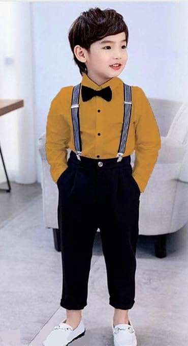 Image of SAGAR IMPEX Boys Cotton Blend Solid Full Sleeves Shirt and Pant Set with Suspender and Bow Tie | Clothing Set for Boys
