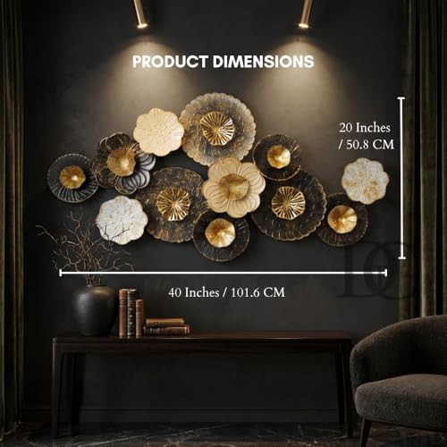 Image of THE DECOR COMPANY Large 3D Metal Wall Art for Living Room, Luxury Floral Wall Decor for Sofa Back Wall, Modern Gold Black Wall Hanging Showpiece for Hall, Drawing Room, Bedroom and Dining Area