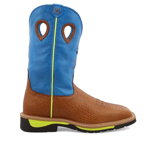Twisted X Men's 12" Western Work Boot, Square Toe Steel Toe, Brown Oiled Shoulder & Neon Blue, 13 EE4
