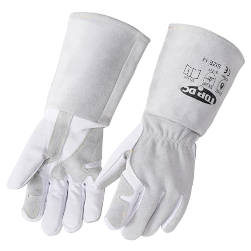 Image of TOPDC Premium Goatskin Leather Welding Gloves, Split Cowhide Back, TIG Welding Gloves with Reinforced Palm Thumb Index Finger (Grey-White, 14 Inch Large)