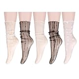 Benefeet Sox Womens Girls Sheer Mesh Fishnet Novelty Ankle Slouch Socks See Through Lace Floral Loose Socks 5 Pairs,Black White Fishnet