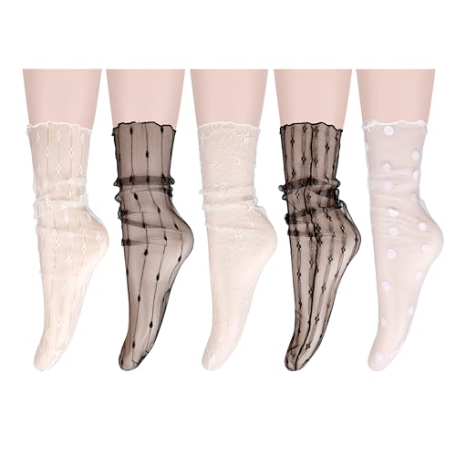 Benefeet Sox Womens Girls Sheer Mesh Fishnet Novelty Ankle Slouch Socks See Through Lace Floral Loose Socks 5 Pairs,Black White Fishnet