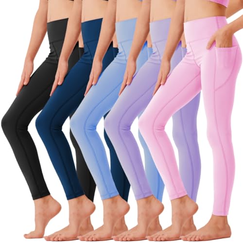 5 Pack Girls' Athletic Leggings with Pockets, Ankle Length Yoga Pants for School Kids Outfits Clothes