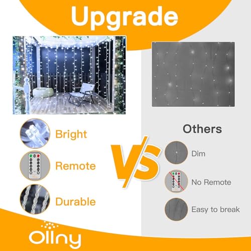 Ollny Curtain Lights Indoor, 300 LED 3m x 3m Fairy Lights USB Powered, Waterproof Cool White String Light with 8 Modes/Timer/Remote, Bedroom/Wall/House/Garden Decorations
