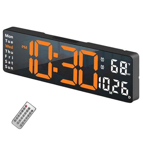 Image of 13 inch Plastic Digital Wall Clock - Large Orange & White LED Display, Remote Control, Auto Brightness Dimmer, Date, Day & Temperature Display - Ideal for Living Room, Office, Gym, Shop