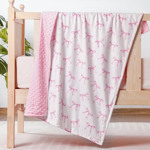 Image of SmoothNovelty Pink Bow Baby Blanket for Girls 40 x 30 Inch Soft Swaddle Receiving Blanket with Dotted Backing Double Layer Preppy Nursery Decor for Infants Newborn Toddler Swaddle Baby Shower Supplies