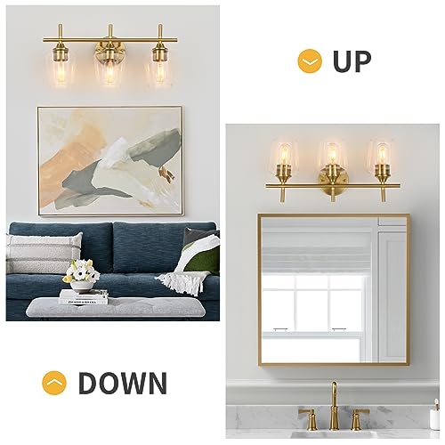 Image of foucasal 3-Light Brushed Gold Bathroom Vanity Light, Modern Gold Vanity Light for Bathroom with Clear Shades, Vanity Lighting Fixtures Over Mirror for Bedroom Hallway Living Room