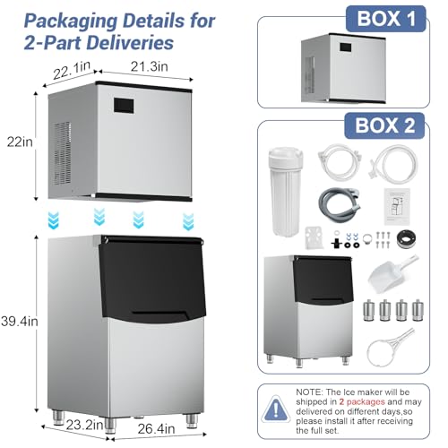 Image of Commercial Ice Maker Machine 650 Lbs /24H, 350 Lbs Large Storage, Stainless Steel Commercial Ice Machine, 182 Ice Cubes /8-15 Min, Set Ice Thickness, 24H Timer Industrial Ice Machine for Bar, Cafe, etc