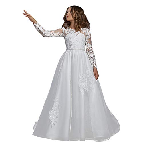 Lace Applique Flower Girl Dress for Wedding Long Sleeve First Communion Dresses 448
