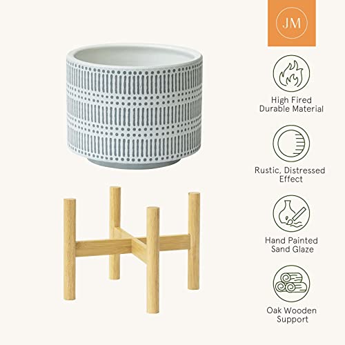 Image of LA JOLIE MUSE Ceramic Plant Pot with Wood Stand - 7.3 Inch Modern Round Decorative Flower Pot Indoor with Wood Planter Holder, Slate Blue and White