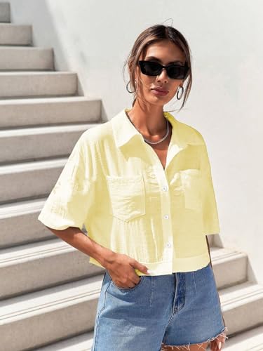 Image of TOPLOT V-Collar Solid Crop Shirt for Women with Half Sleeves, Polyester, Regular Fit