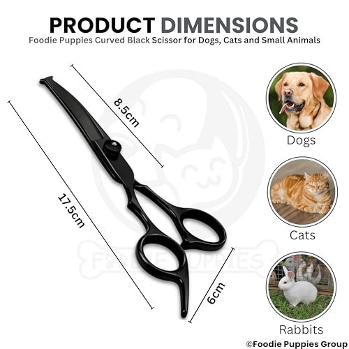 Image of Foodie Puppies Curved Dog Grooming Scissors - (Black) Stainless Steel Pet Hair Cutting Shears with Finger Rest | Precision Trimming for Dogs & Cats | Professional Grooming Tool for Home Use