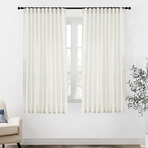 Image of XTMYI 70 x 63 Inch Length Living Room Curtains,Linen Short Wide Bay Window Curtains for Bedroom,Set of 2 Panels,70x63 in Long,Cream Ivory