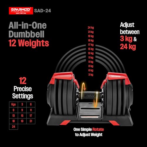 Image of Sparnod Fitness SAD 24 Adjustable Dumbbell,24kg with 12 Weight Increments (3-24kg), One-Hand Quick Adjustment Safety Lock & Storage Rack, Ergonomic Non-Slip Grip, Premium Steel Build