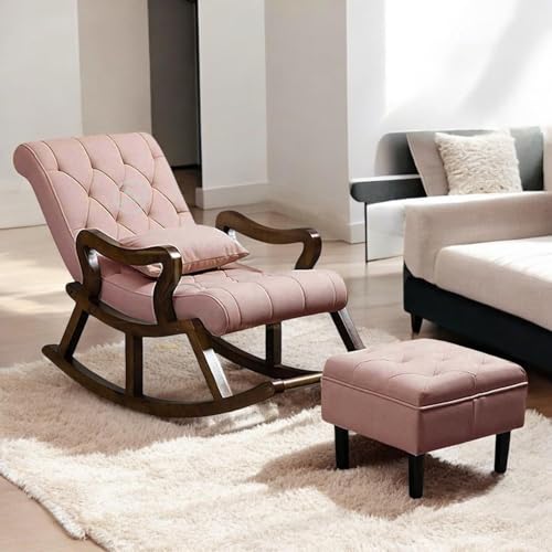 Image of Solid Sheesham Wood Rocking Chair for Living Room with Footrest and Pillow | Ergonomic Resting Chair with Ottoman for Relaxing and Pregnant Women (Lite Pink)