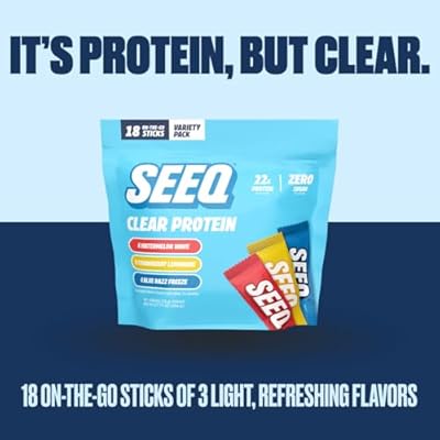 SEEQ Clear Protein Powder Packets - 18 Count Sample Pack - 22g Clear Whey Protein Isolate - Zero Sugar - 0g Lactose, Allergen-Friendly - GLP-1 Support - Post-Workout Recovery - Mixed Flavors