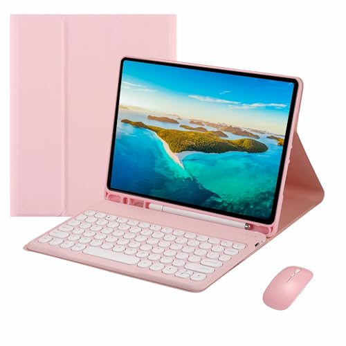 WxfTnix キーボード ケース 対応 Ipad pro 11Inch 2024 マウス,無線取り外し可能な円形キー色のキーボードが付いている,鉛筆ホルダー付きレザーフォリオカバー 互換性 Ipad pro 第 5 世代,ピンク