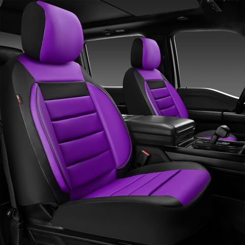 Image of CAR PASS Leather Car Seat Covers Front Seats Only, Universal Fit 3D Foam Support Car Seat Covers for Trucks Vans SUVs Comfortable Automotive Interior Airbag Compatible 2 Pieces (Black Purple