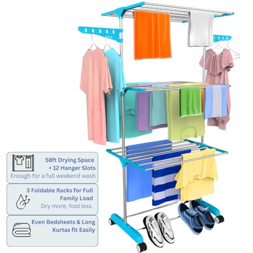 Image of H Houseware Single Pole Stainless Steel 3 Tier Cloth Drying Stand with Wheels | Foldable Clothes Dryer & Laundry Rack | Rustproof & Portable | 43.2D x 78.7W x 165H cm(Blue)