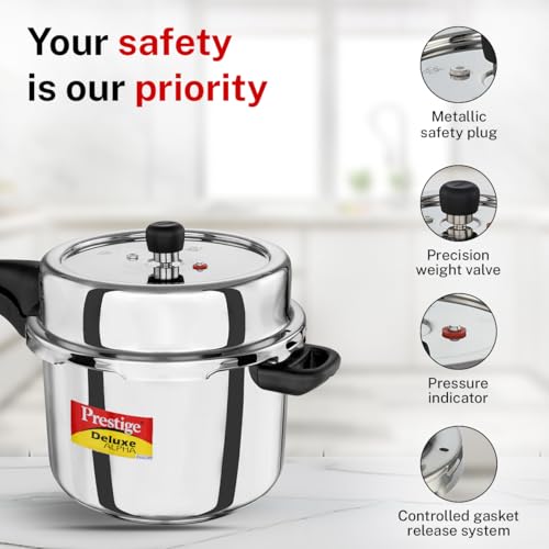 Image of Prestige 8 Litre Stainless Steel Deluxe Alpha Svachh Outerlid Pressure Cooker |Deep lid for spillage control|10 years warranty|Gas & Induction compatible|Gasket release system|ISI Certified