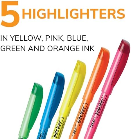 BIC Brite Liner Highlighters, Chisel Tip, 5-Count Pack, Assorted Colors