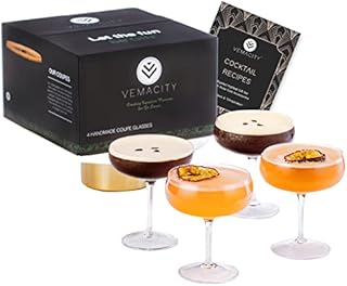 Elegant Coupe Cocktail Glasses- Set of 4 Handmade Crystal Bar Quality Champagne Glasses/Champagne Saucers + Recipe e-Book | Designed as Large Pornstar Martini Glasses & Espresso Martini Glasses.