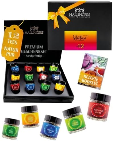 Hallingers Genuss Manufaktur Tee Geschenk-Set - 12 Sorten premium loser Tee Probierset in edler Geschenkbox mit Rezept-Booklet "Selection", Geschenkidee für Frauen Männer