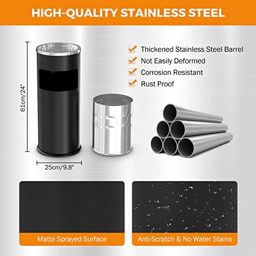 Image of BEAMNOVA Black Trash Can with Lid Outdoor Indoor Stainless Steel Commercial Garbage Bin Waste Container for Patio Yard Garage with Inside Barrel, Black, 9.8 in x 24 in (D * H)