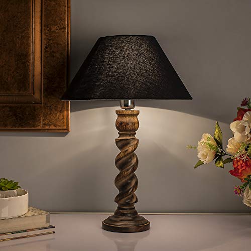 Image of Homesake Handcrafted Wooden Table Lamp for Bedroom & Living Room|Decorative Bedside Reading Lamp, E27 Holder|Bulb Included |Twister Classic Black Wooden Rustic for Home Decor, Black Cone Shade