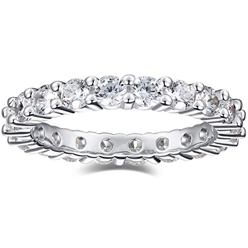 Rhodium Plated Sterling Silver Round Cut CZ Eternity Ring Full Eternity Band | 3mm Cubic Zirconia Wedding Band Women's Stackable Promise Rings